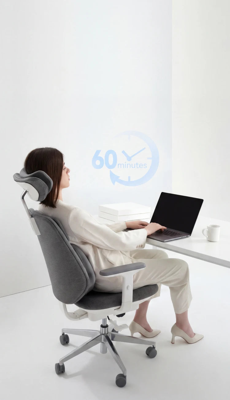 Woman using Air-Smart ergonomic office chair with auto-following lumbar support at desk