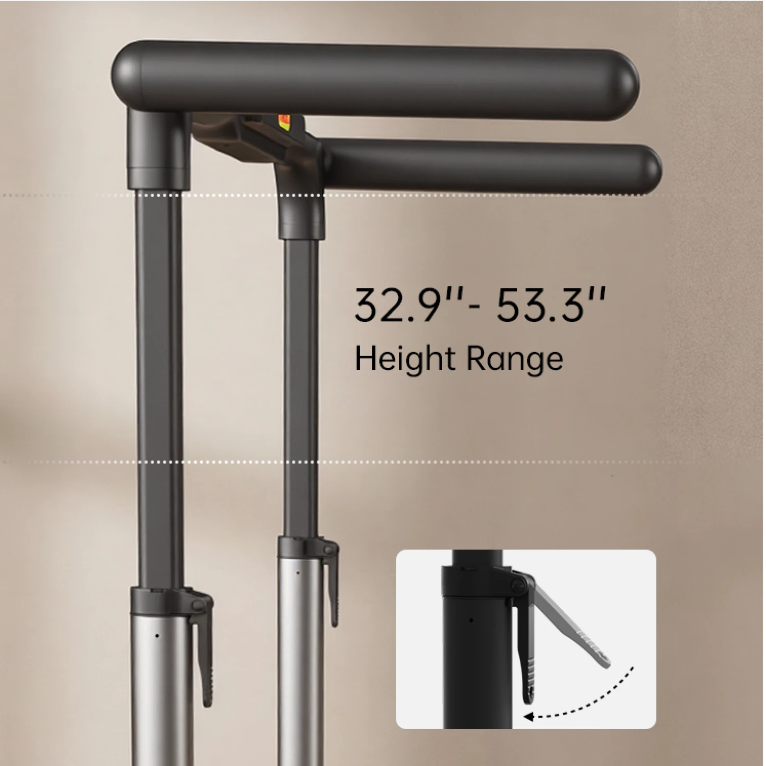 MX3 treadmill's adjustable handrail, showing 32.9"–53.3" height range and adjustment lever mechanism.
