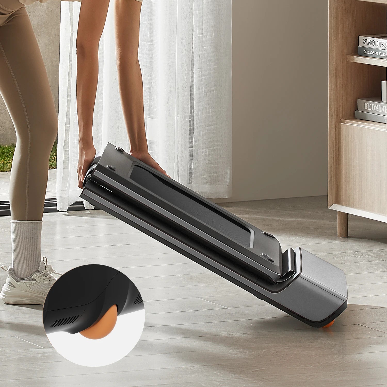 WalkingPad P1 treadmill with transport wheels for apartment friendly mobility