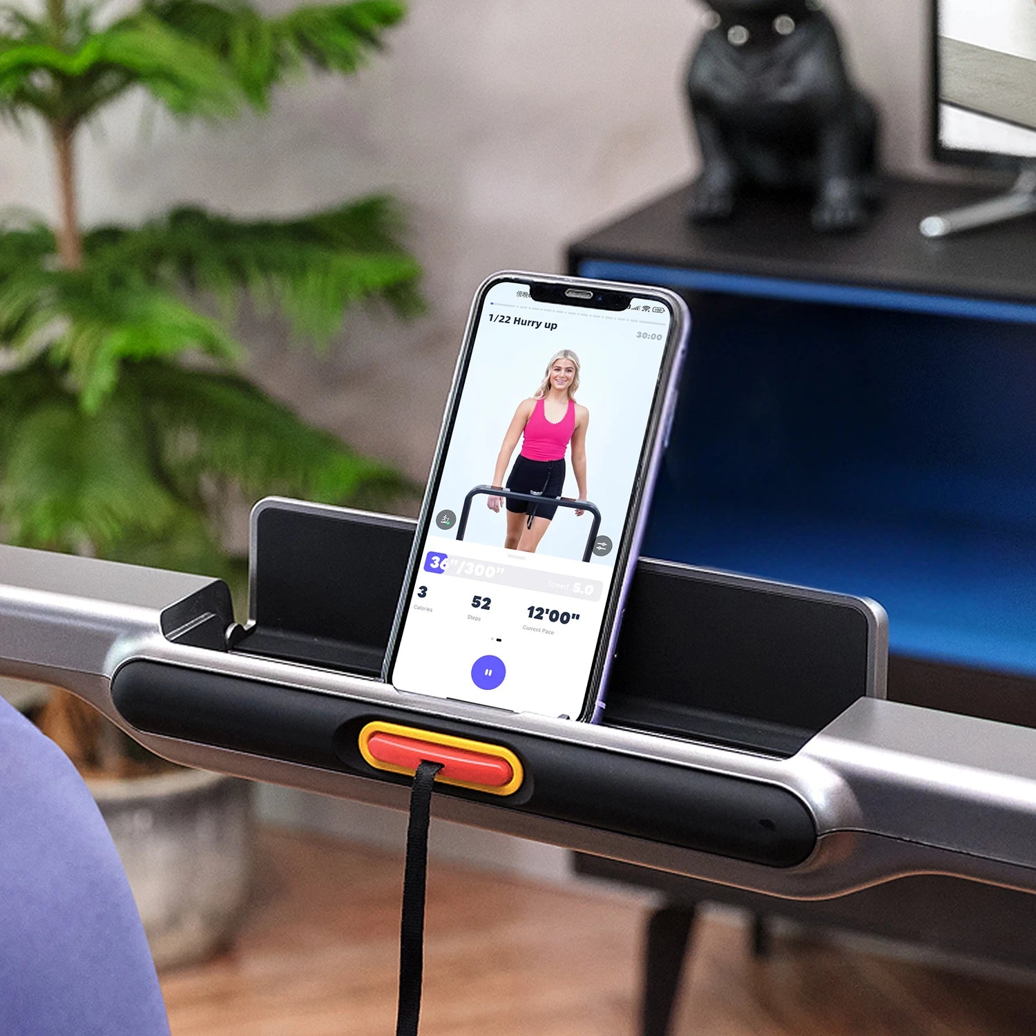 WalkingPad R2 treadmill flip-up phone holder with slot for remote and easy viewing