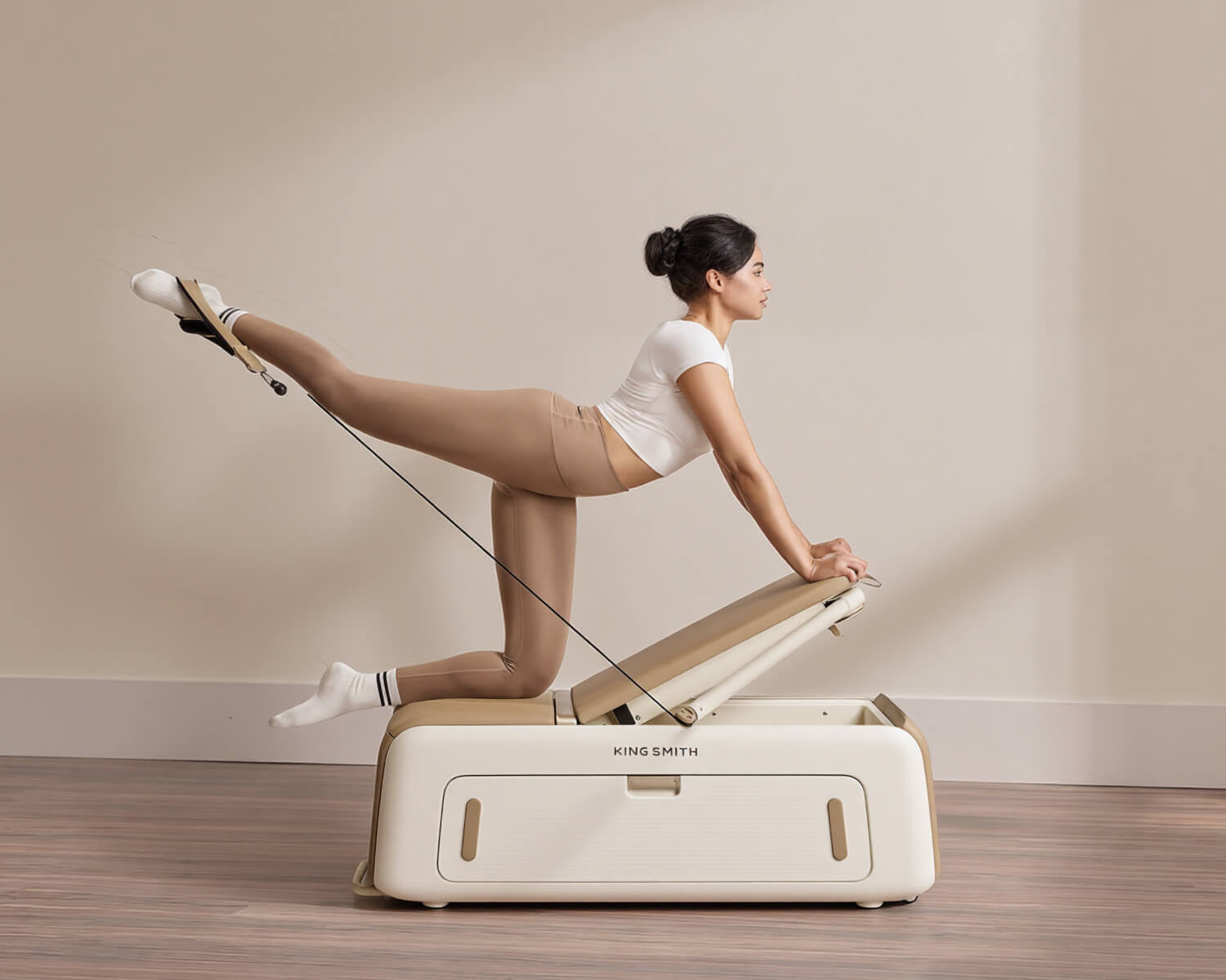 Woman exercising on a WalkingPad adjustable weight bench for home strength training