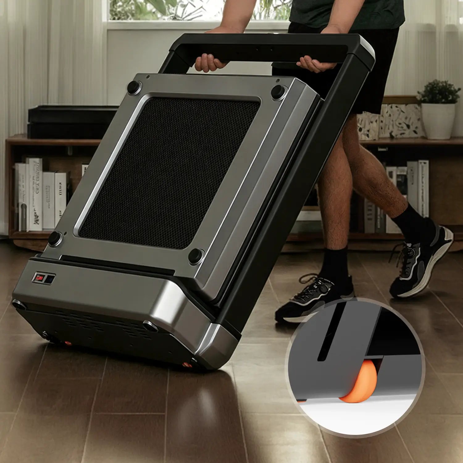 WalkingPad X25 treadmill transport wheels demonstration for easy movement and storage