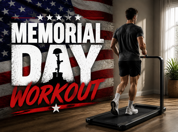 A man exercising indoors on a WalkingPad treadmill with patriotic American flag graphics