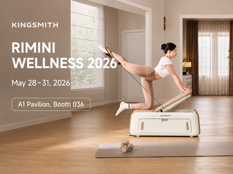 Woman using the KingSmith B2 workout Pilates bench at RiminiWellness 2026 promotion campaign