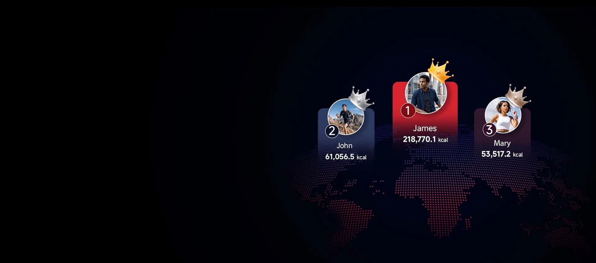 User profile cards with names and statistics on a dark background