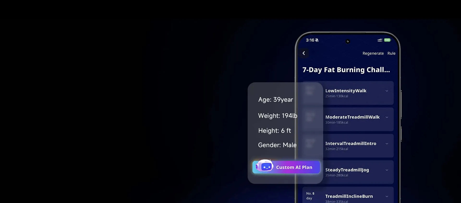 Phone screen displaying a fitness app with user details and workout plan on a dark background