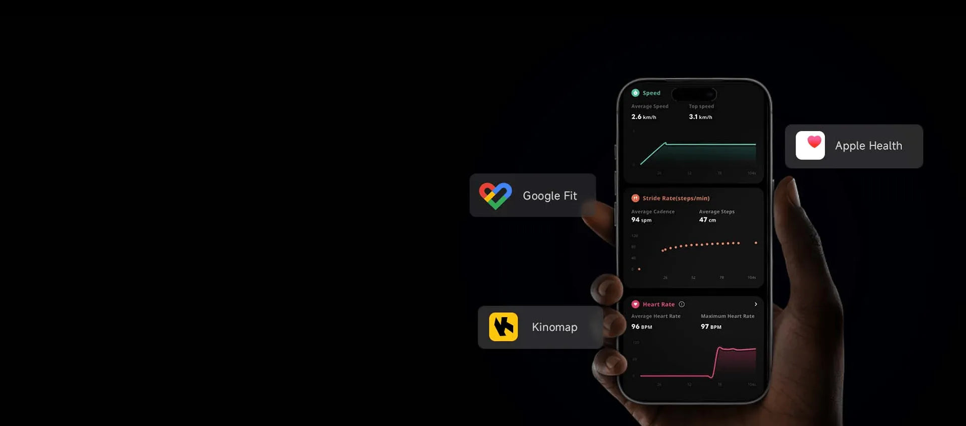 Hand holding a smartphone with fitness app icons on a black background