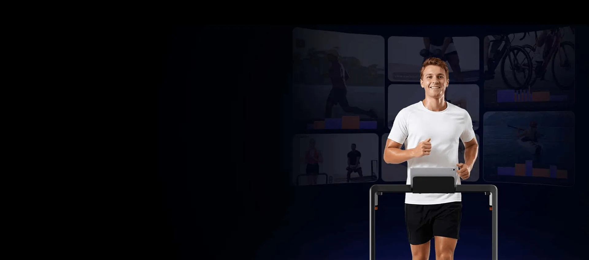 Man using a treadmill with multiple screens displaying different scenes in the background
