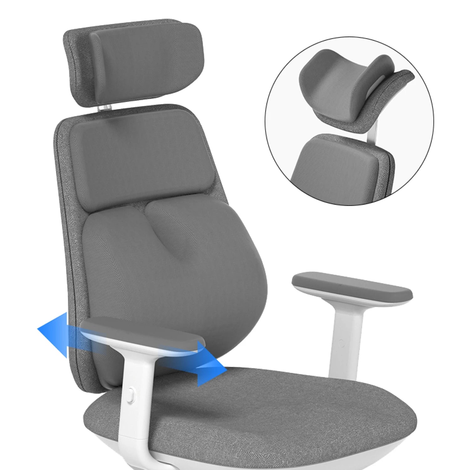 Air-Smart chair with highlighted adjustable armrests and headrest for personalized fit