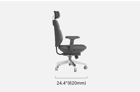 Side view of Air-Smart ergonomic office chair with official dimension specifications (24.4"/620mm depth)