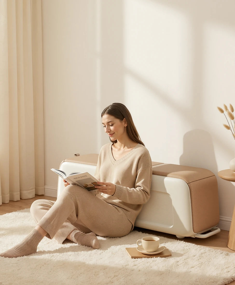 woman relaxing sitting on pilates bench home lifestyle scene