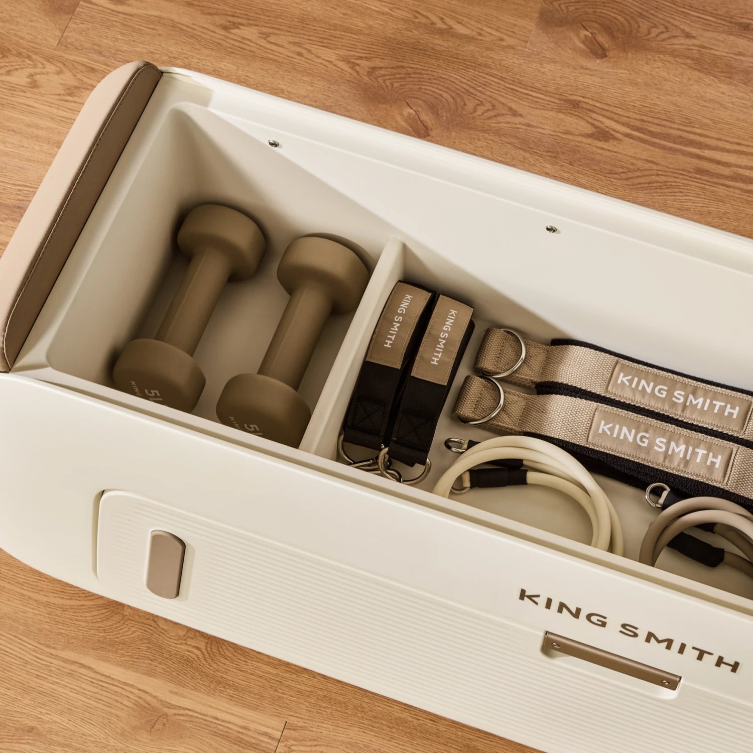 built in storage compartment pilates bench accessories organized