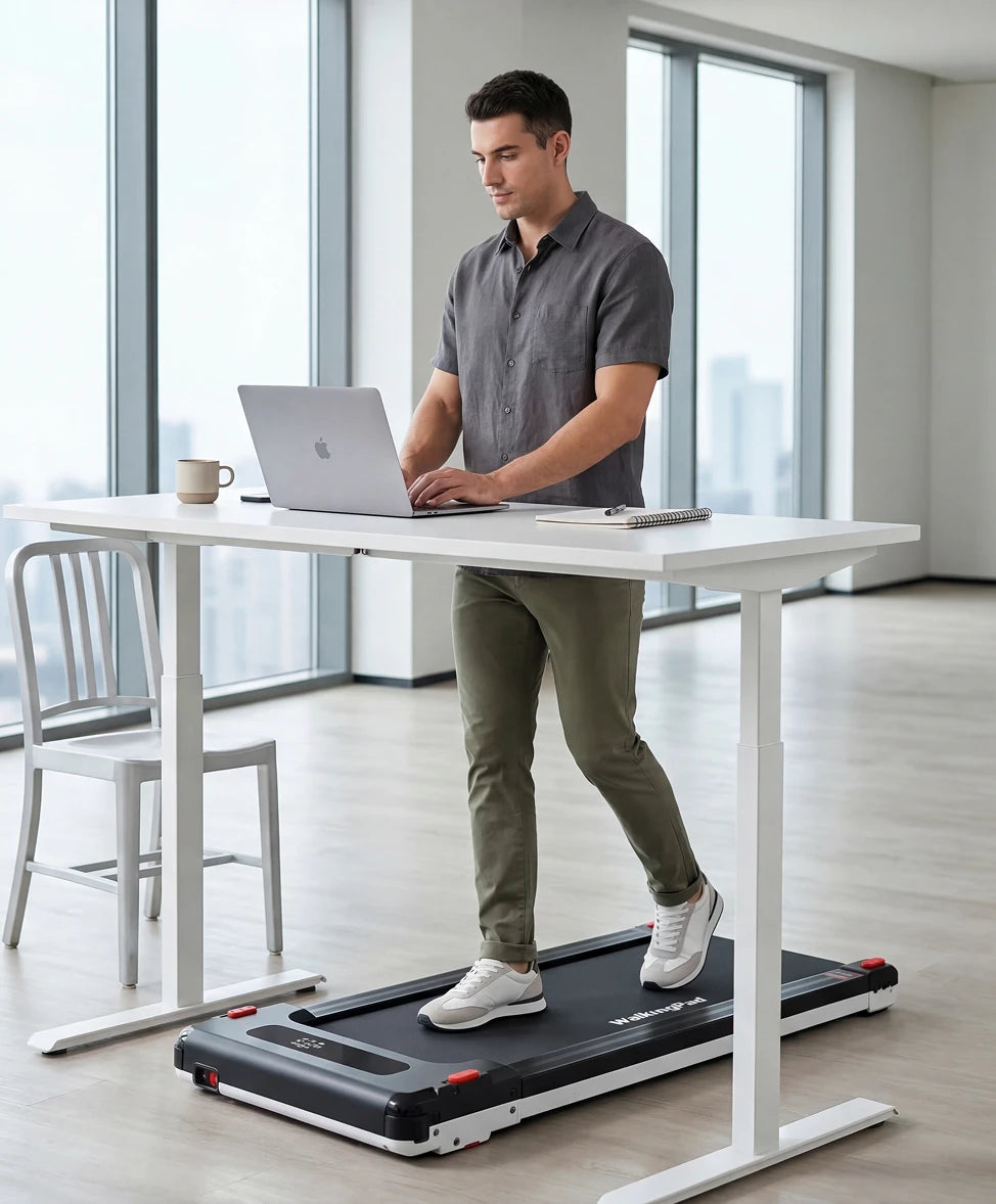 walking pad used with standing desk work and walk productivity