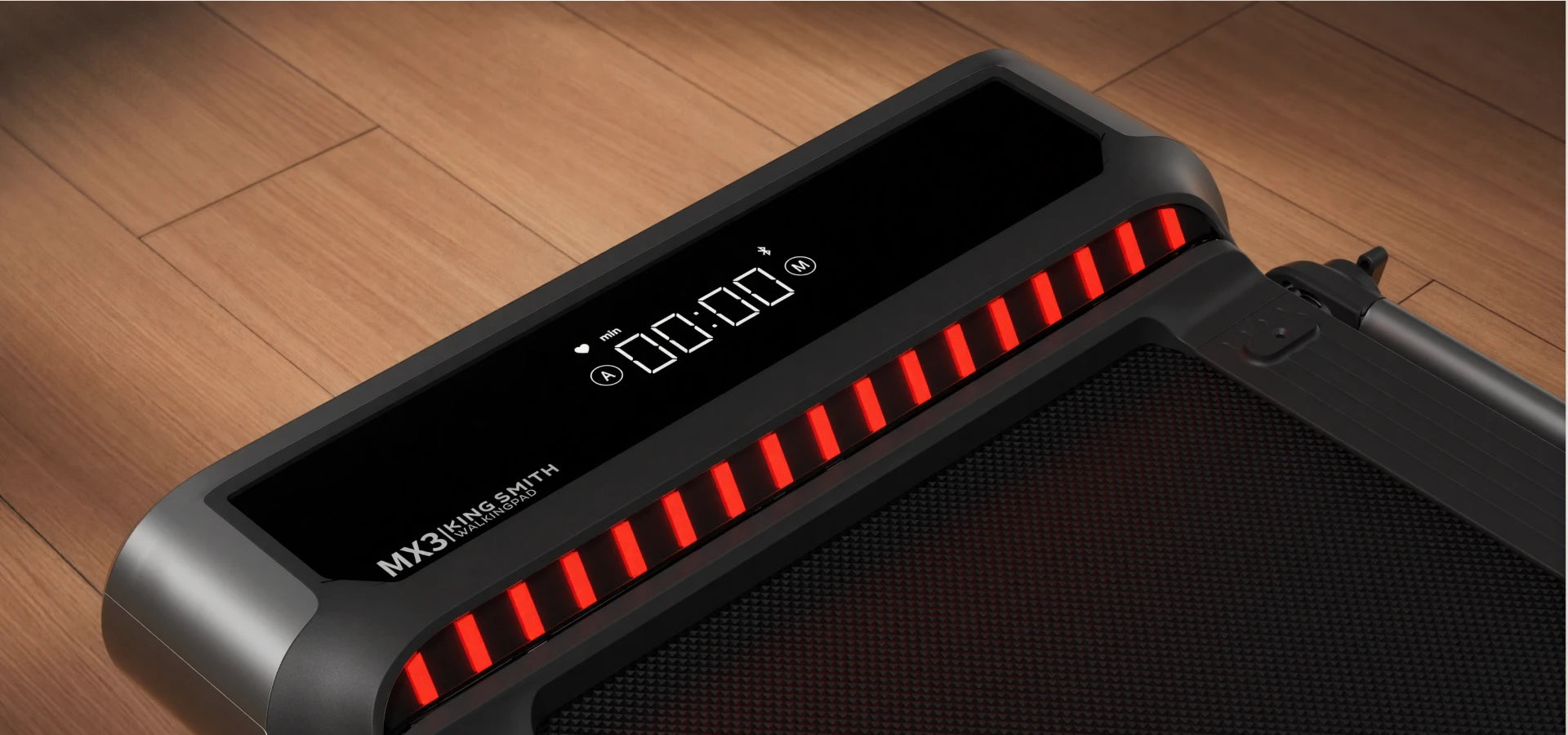 Close-up of MX3 treadmill's large LED display with dynamic lightbar, showing workout data interface.
