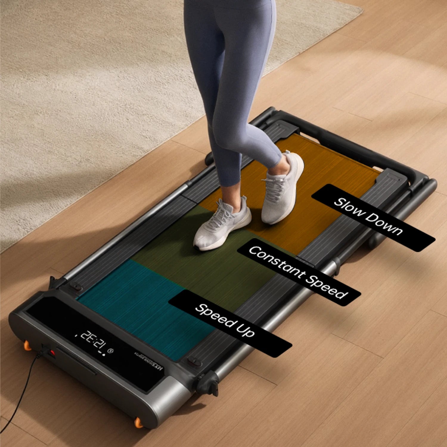 [scene] FootSense™ technology demo on MX3 treadmill, showing speed control zones via foot position.