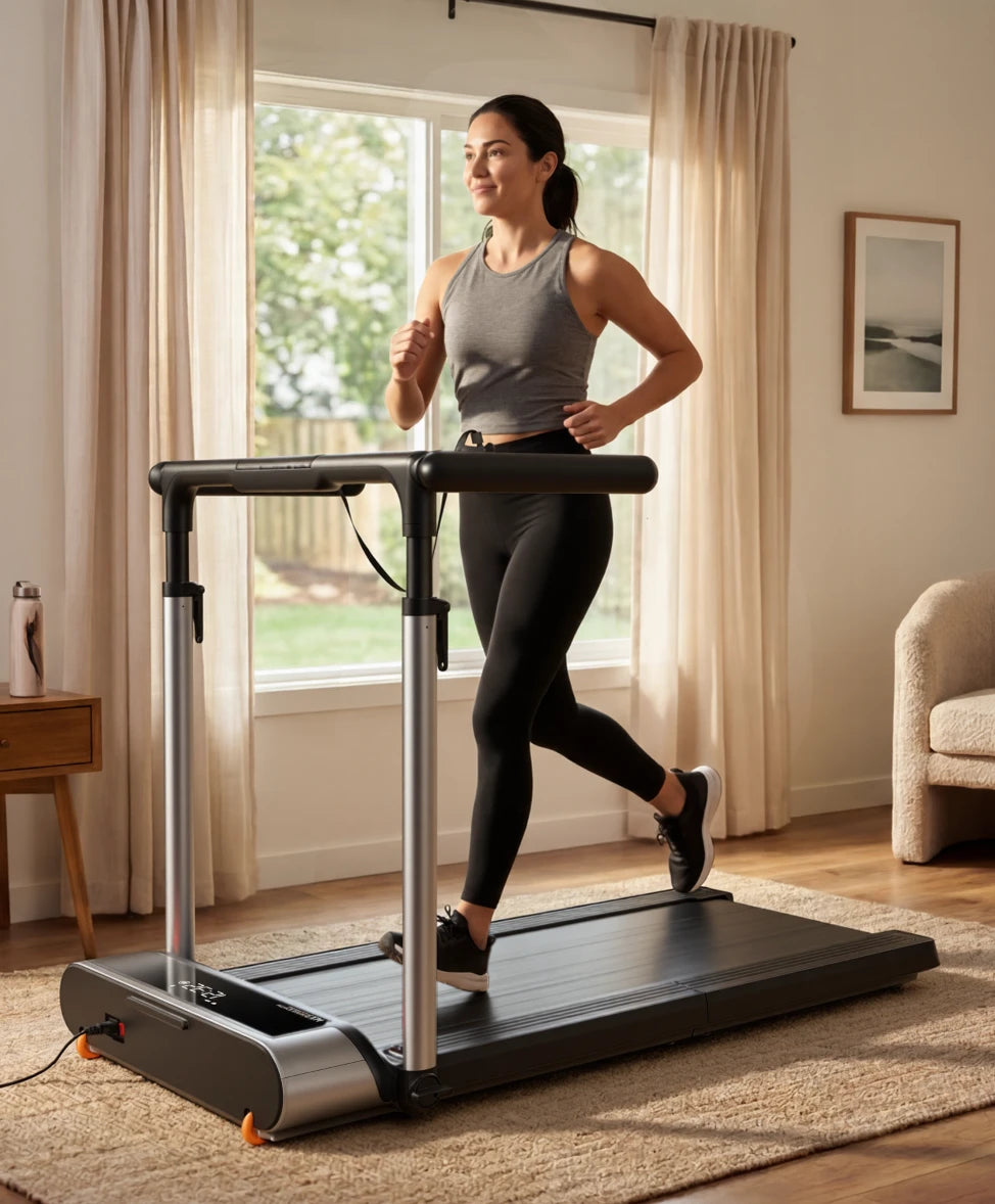 Woman running on MX3 treadmill in a bright home environment, showcasing the product's versatile use.