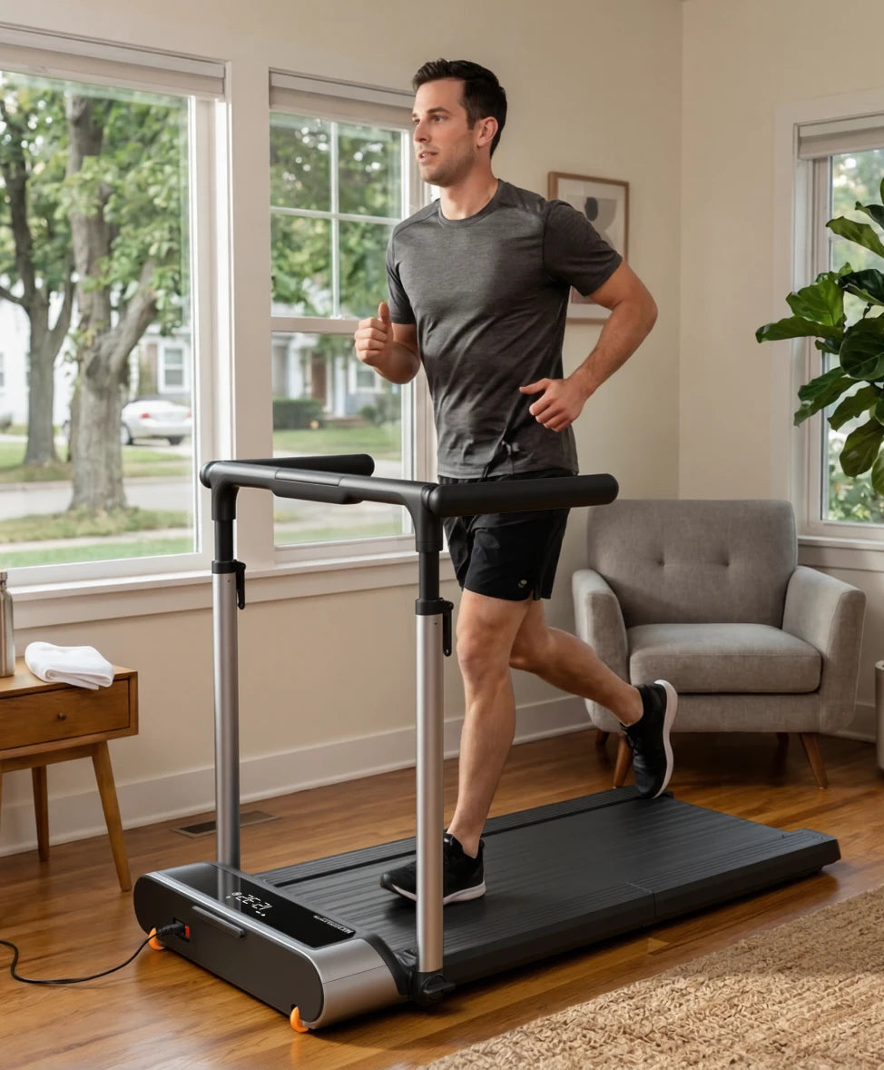 Man running on MX3 treadmill in bright home setting, demonstrating daily workout use.