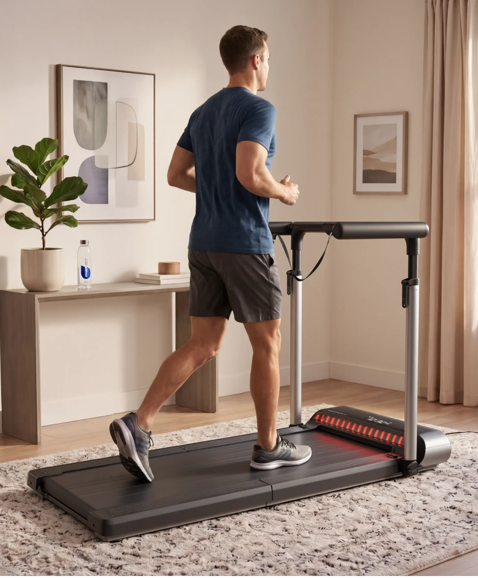 Man walking on MX3 treadmill in a cozy living room, showing quiet and seamless operation.