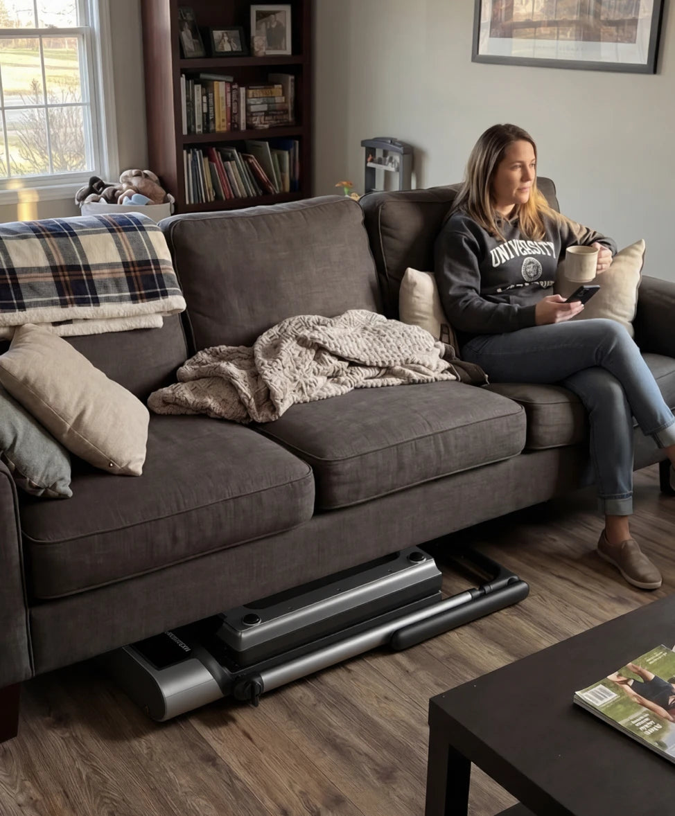 MX3 treadmill stored folded in a living room while people relax nearby, emphasizing its unobtrusive design.