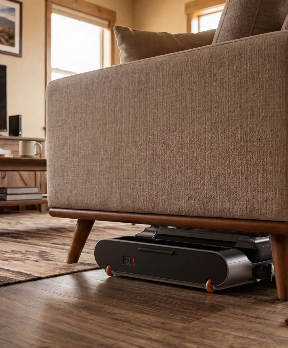 MX3 treadmill stored compactly under a sofa, highlighting its space-saving design.