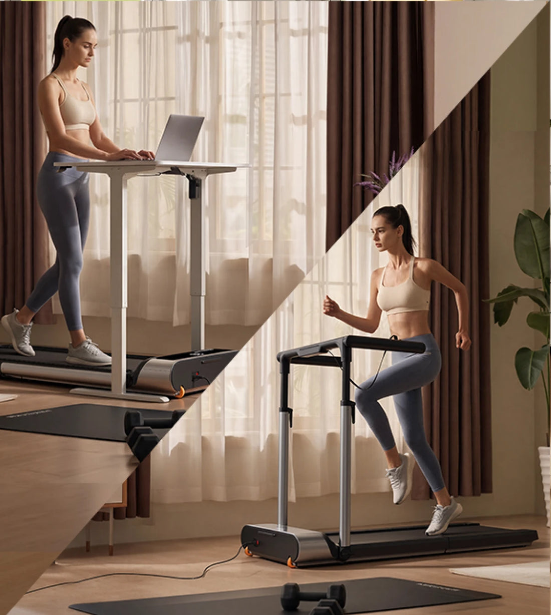 Split view of woman walking at standing desk and running on MX3 treadmill, demonstrating dual walk/run functionality.