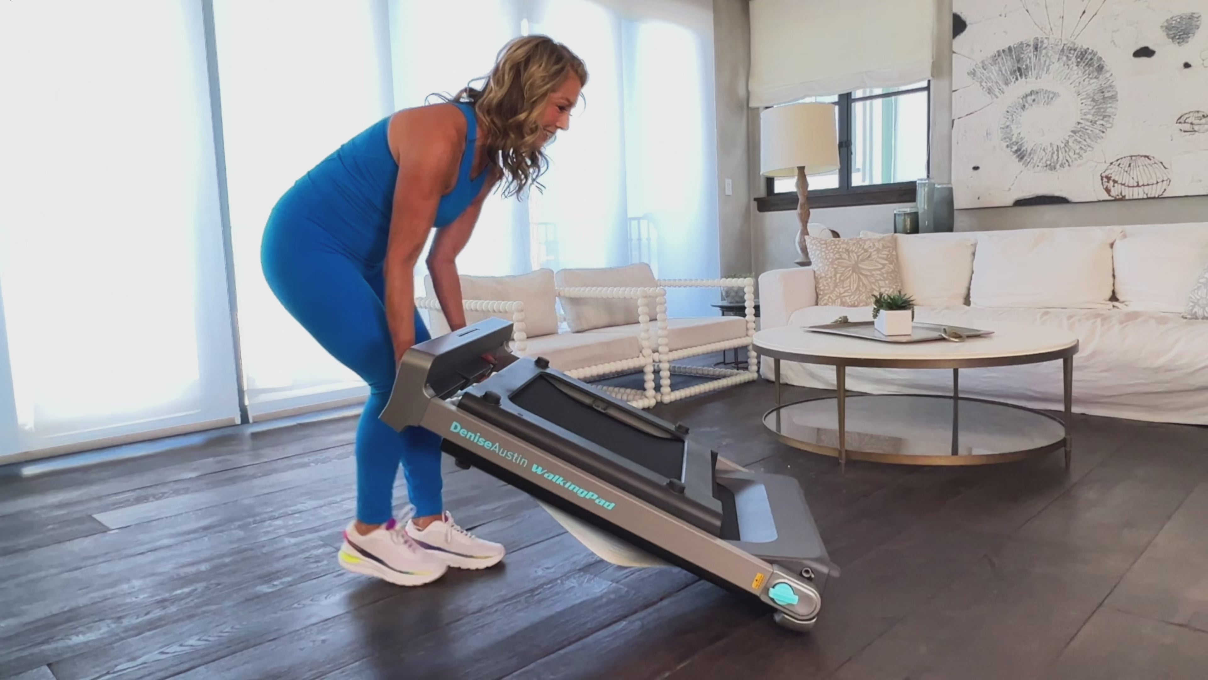 Load video: WalkingPad Denise Austin treadmill foldable design for indoor running and home workouts
