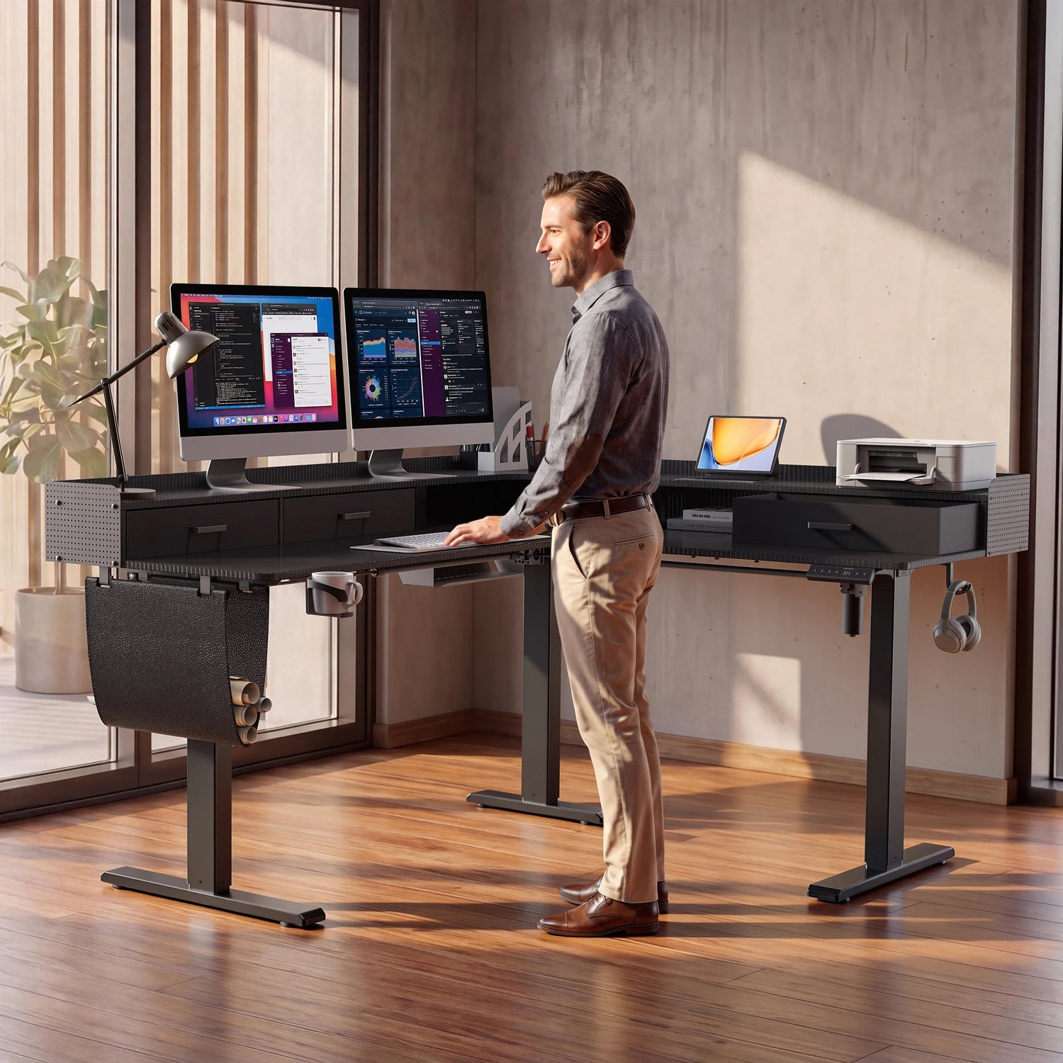 L-Shape With Drawer Standing Desk