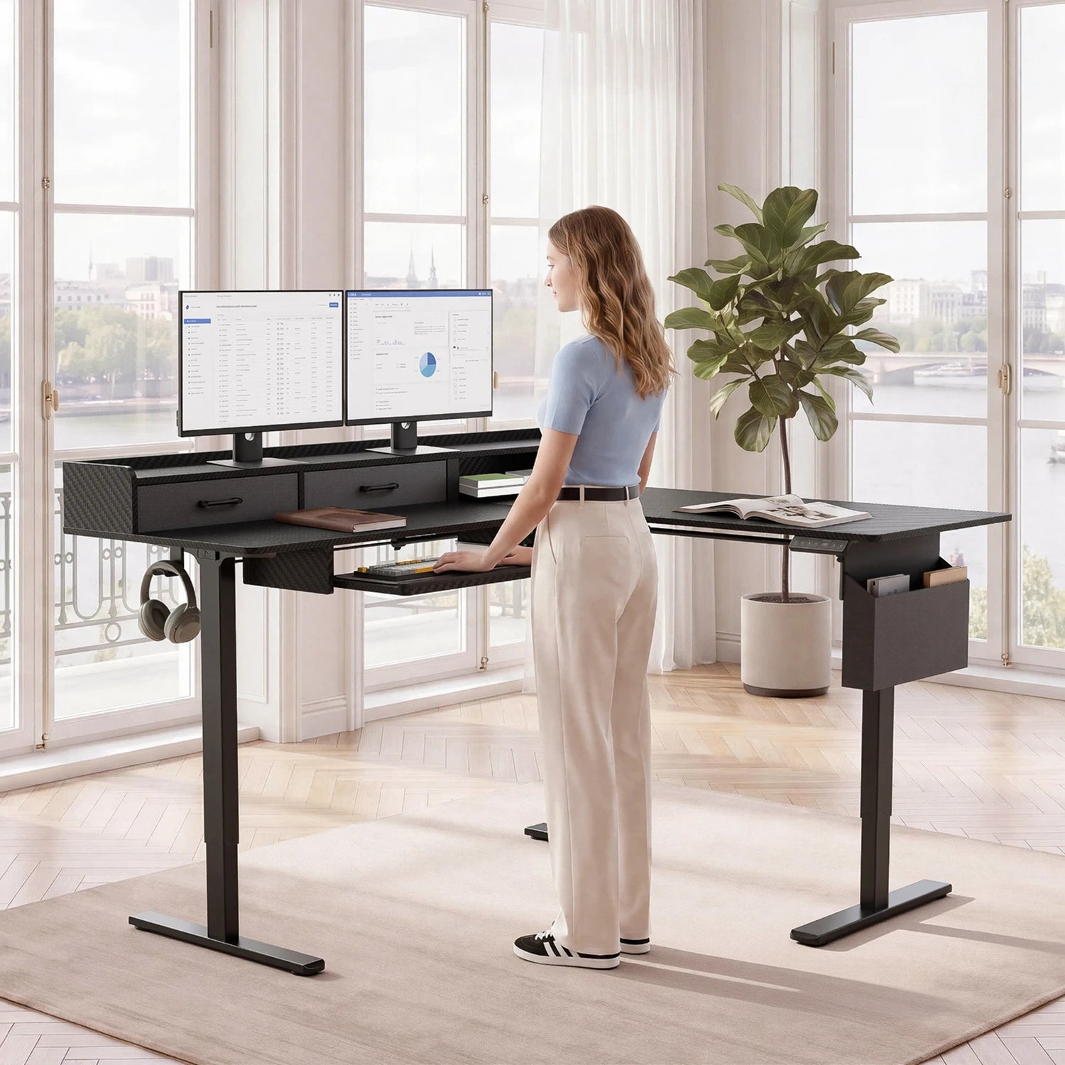 L-Shape With Keyboard Tray Standing Desk
