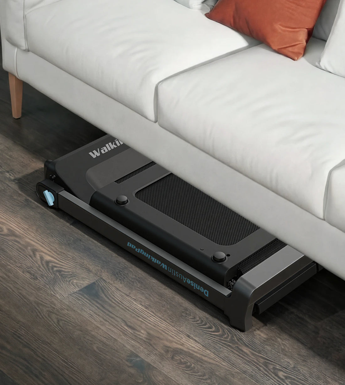 WalkingPad Denise Austin treadmill stored under sofa for space saving home storage