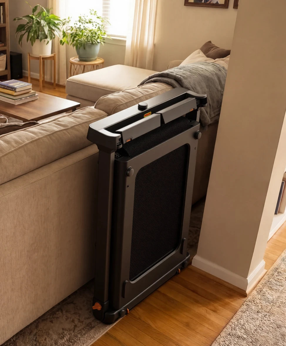 WalkingPad Denise Austin treadmill stored under sofa for space saving home storage