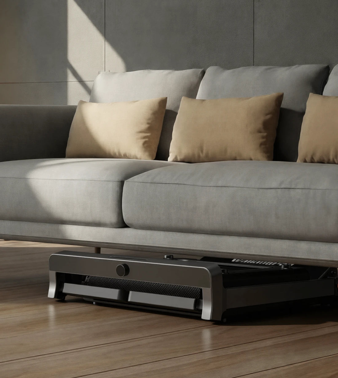 WalkingPad Denise Austin 2.0  treadmill stored under TV cabinet for compact living space