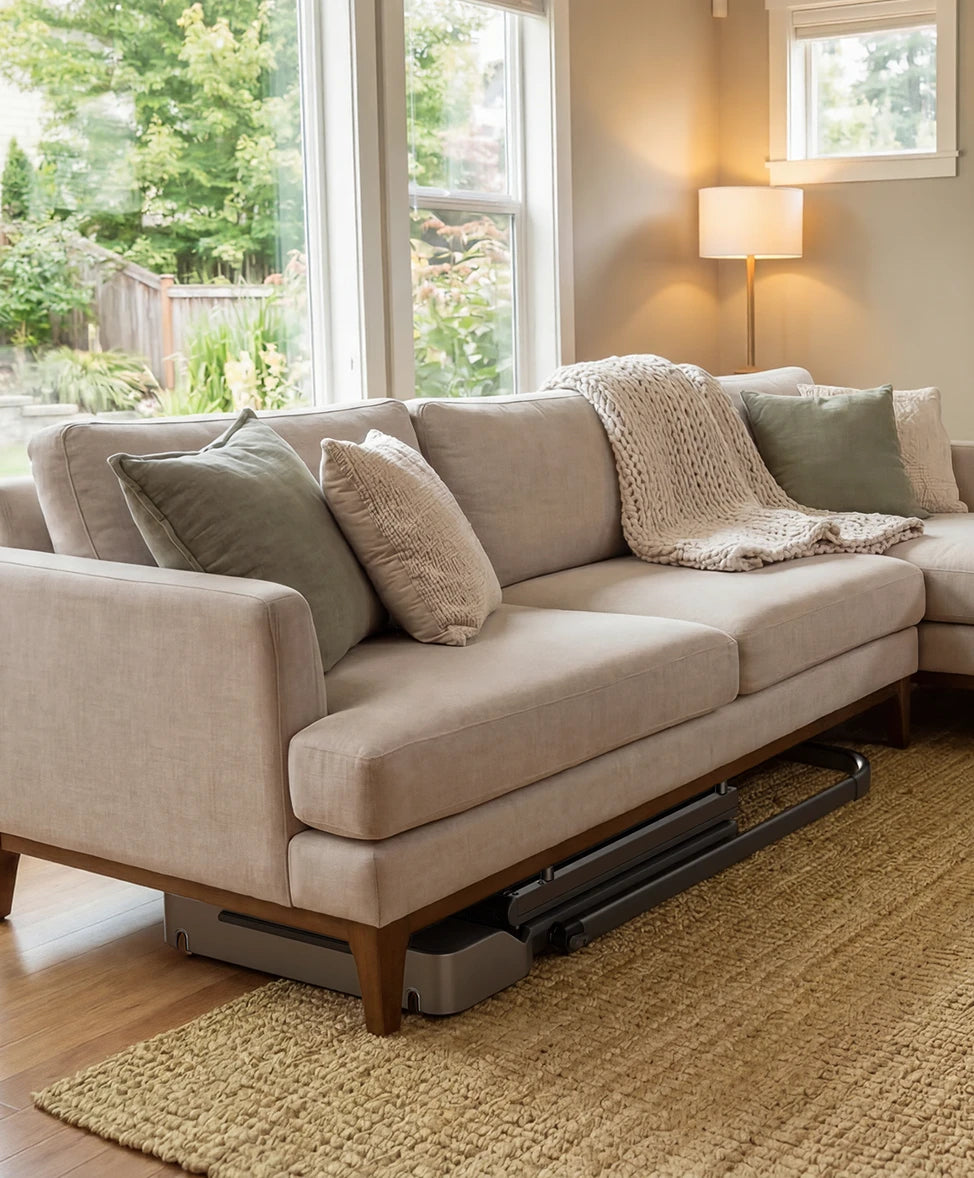 WalkingPad Z1R treadmill stored under sofa for space-saving storage