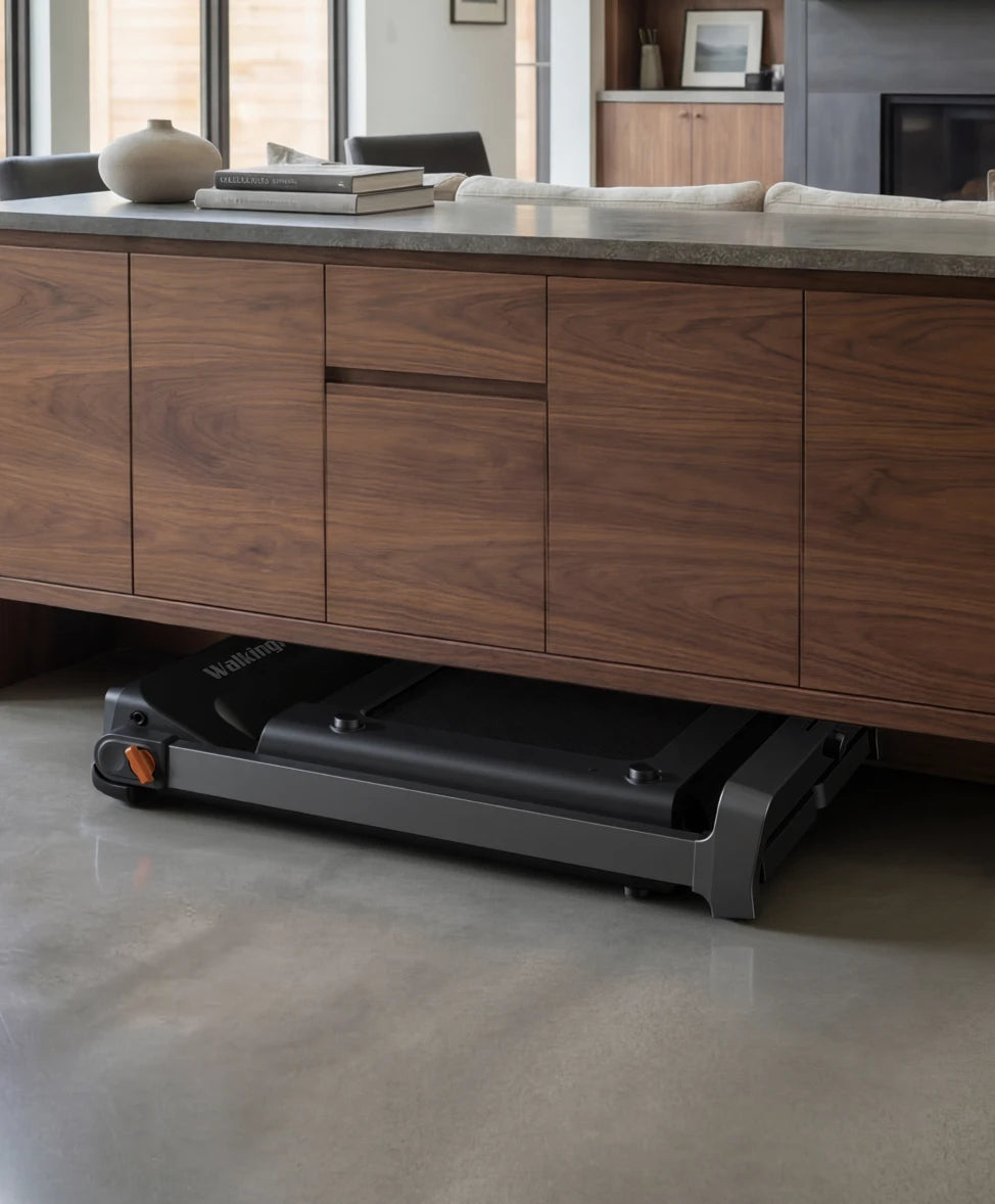 WalkingPad G1 plus treadmill compact design stored under a cabinet for space saving