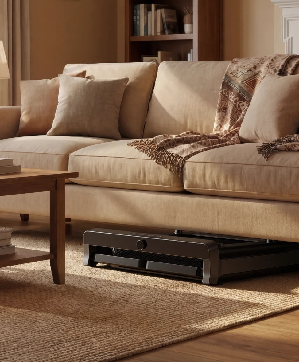 WalkingPad G1 treadmill stored under TV cabinet for compact living space