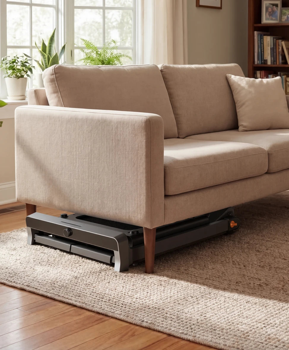 WalkingPad G1 treadmill stored under sofa for space saving home storage