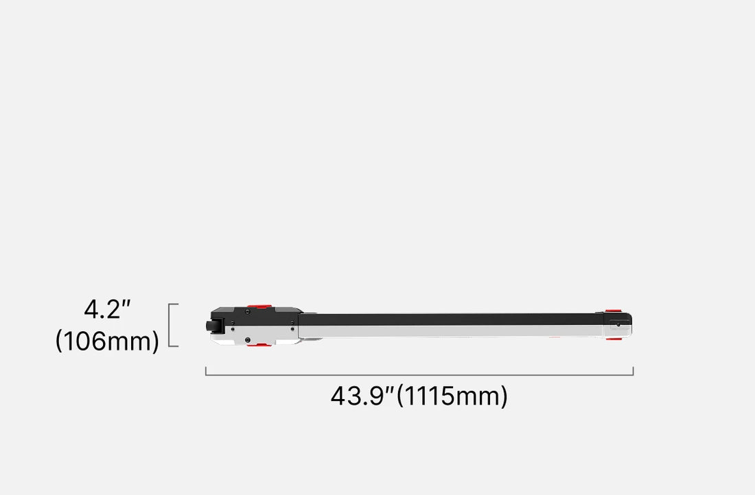 Massage Step WalkingPad treadmill side view dimensions showing height and folded profile