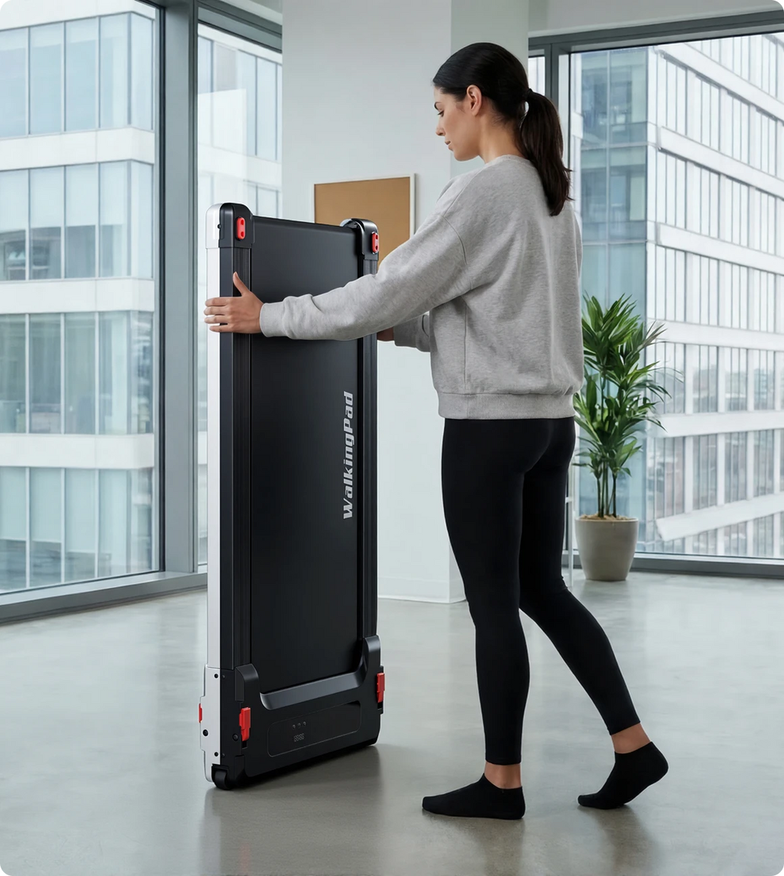 Massage Step WalkingPad treadmill folded upright with wheels for easy movement
