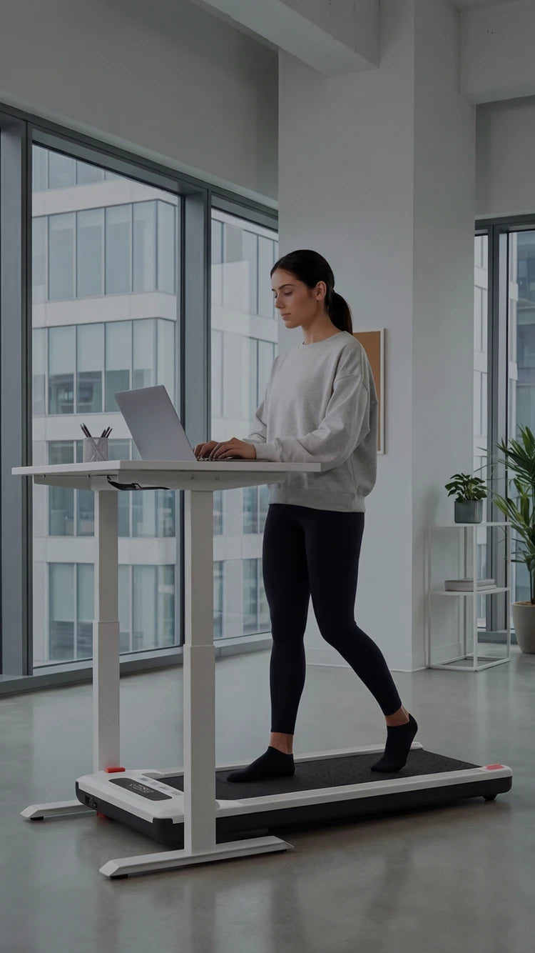 Massage Step WalkingPad treadmill with incline used under standing desk for walking while working
