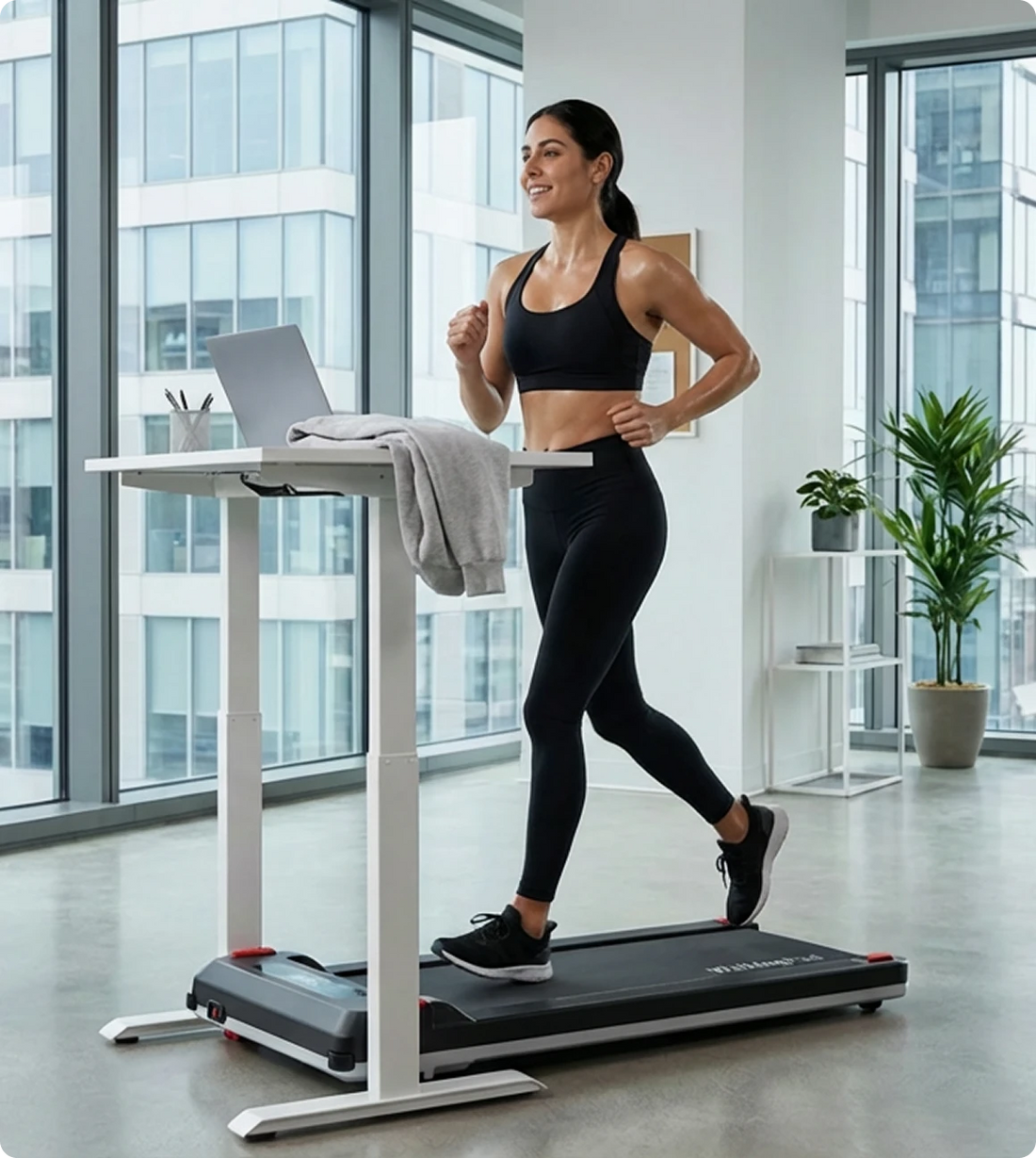 Massage Step WalkingPad treadmill used under standing desk for indoor walking workout