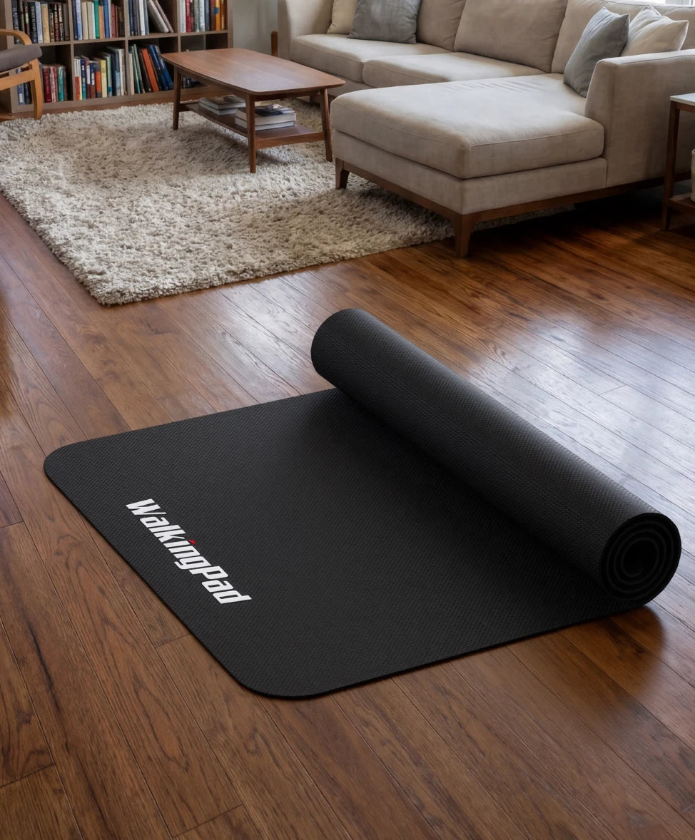 folding treadmill on mat compact storage living room setup