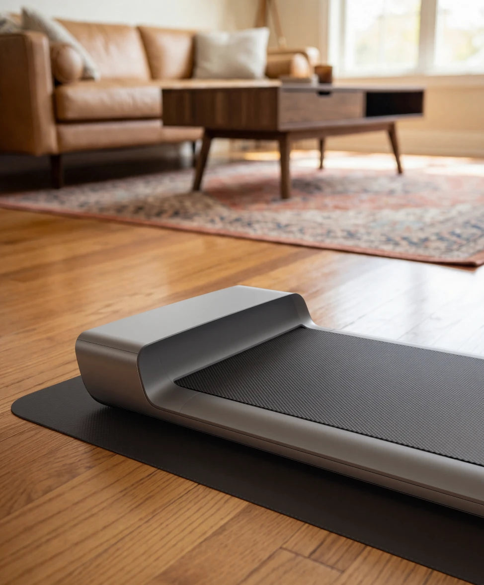 rolled treadmill mat placed in living room easy storage