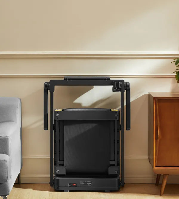 WalkingPad MX10 vertical fold treadmill stored upright to save space at home
