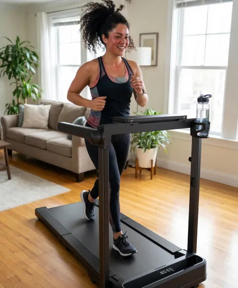 Woman running on the WalkingPad MX10 treadmill during a home workout