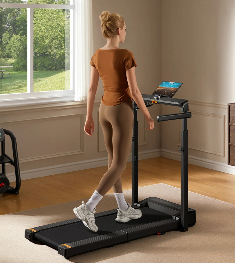Woman walking on WalkingPad MX8 treadmill for everyday home fitness in a bright living space