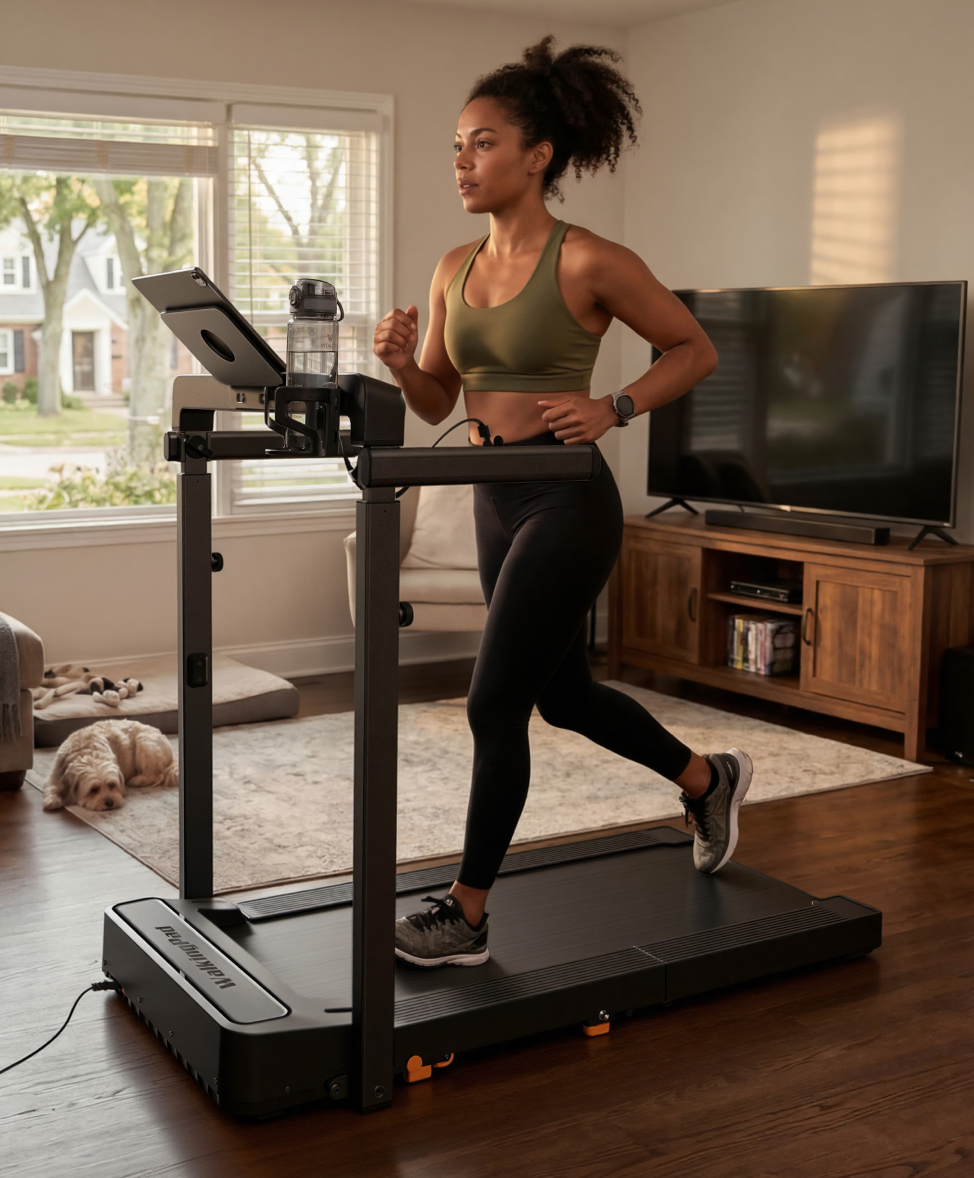 Woman jogging on WalkingPad MX8 treadmill for indoor cardio exercise at home
