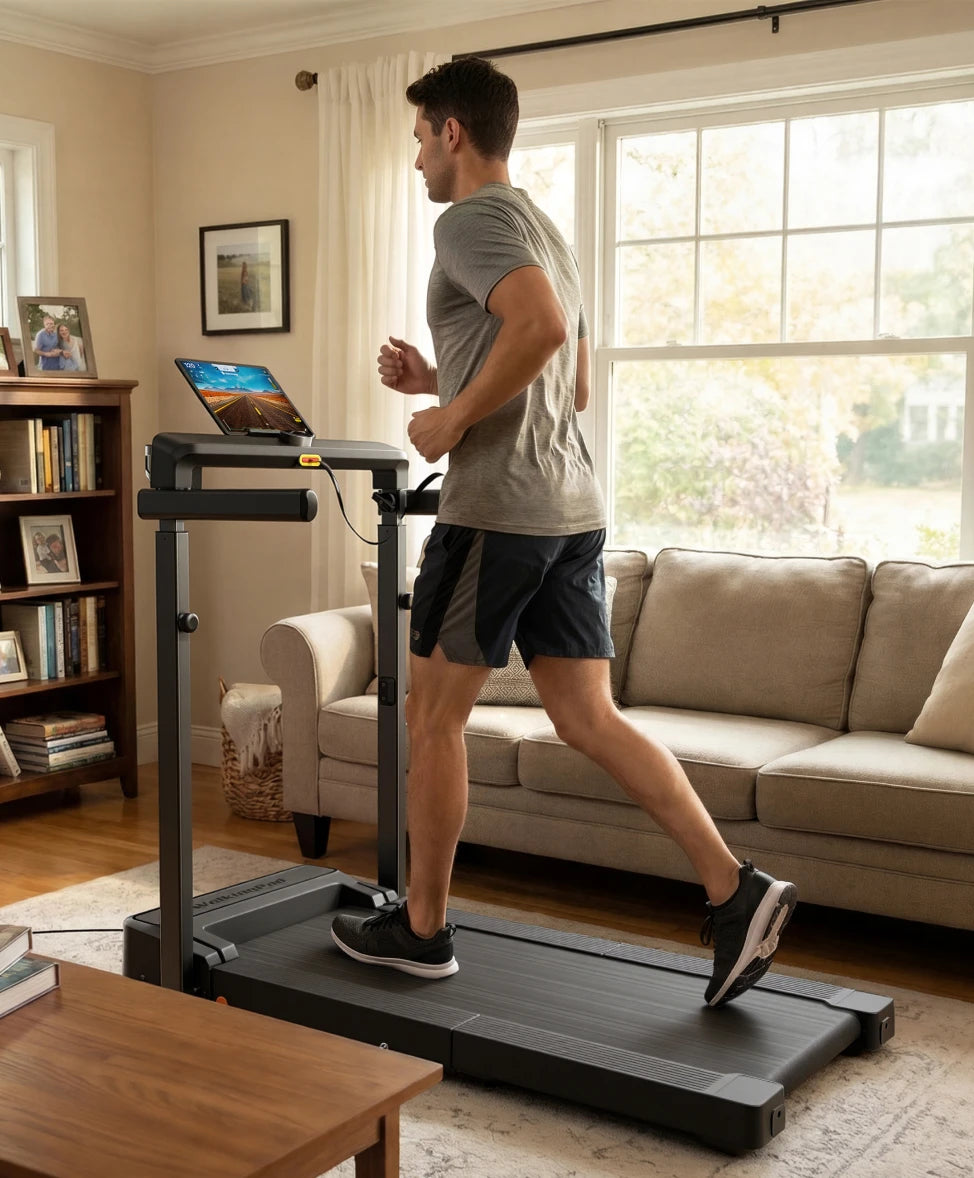 Man running on WalkingPad MX8 treadmill in a modern home living space