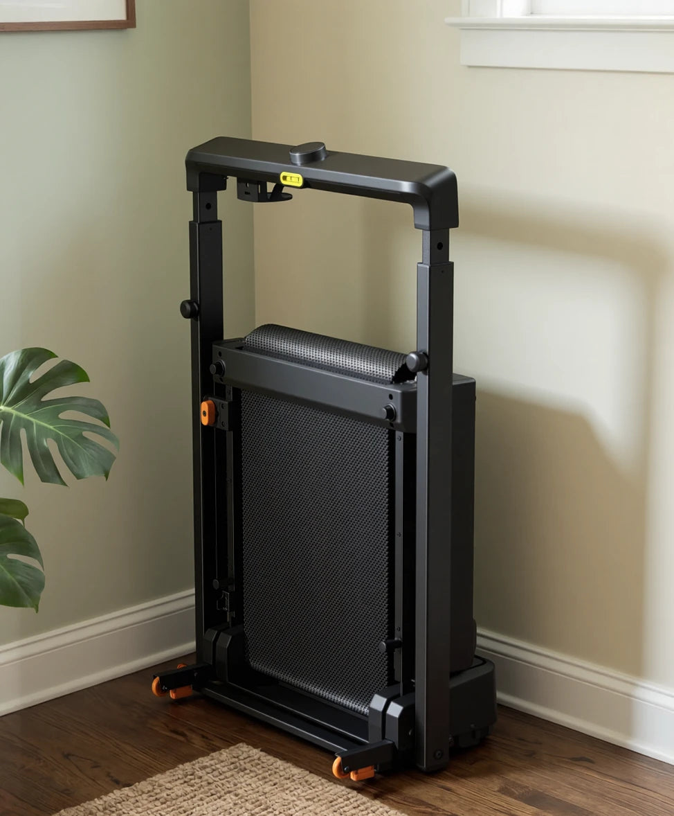 WalkingPad MX8 treadmill folded and stored upright against a wall for compact storage