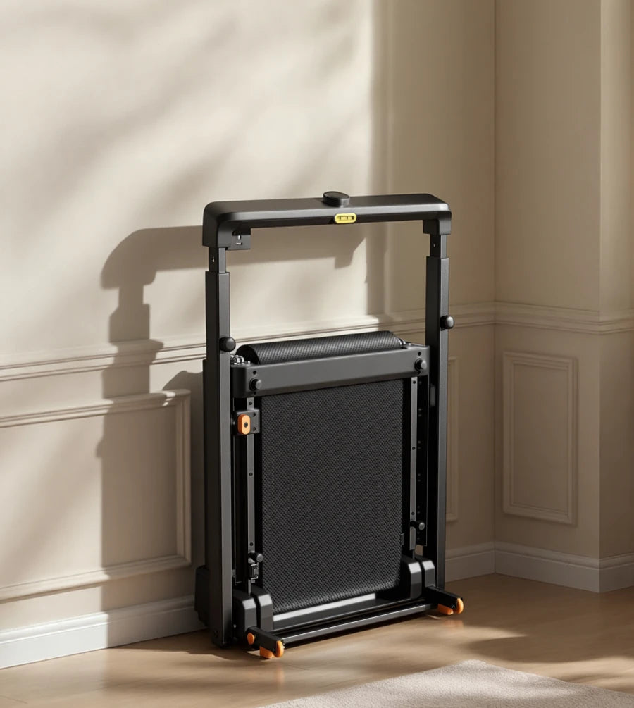 WalkingPad MX8 treadmill stored vertically against a wall to maximize space in small homes