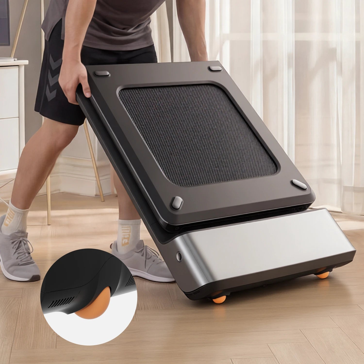 WalkingPad P1 treadmill with transport wheels for apartment friendly mobility