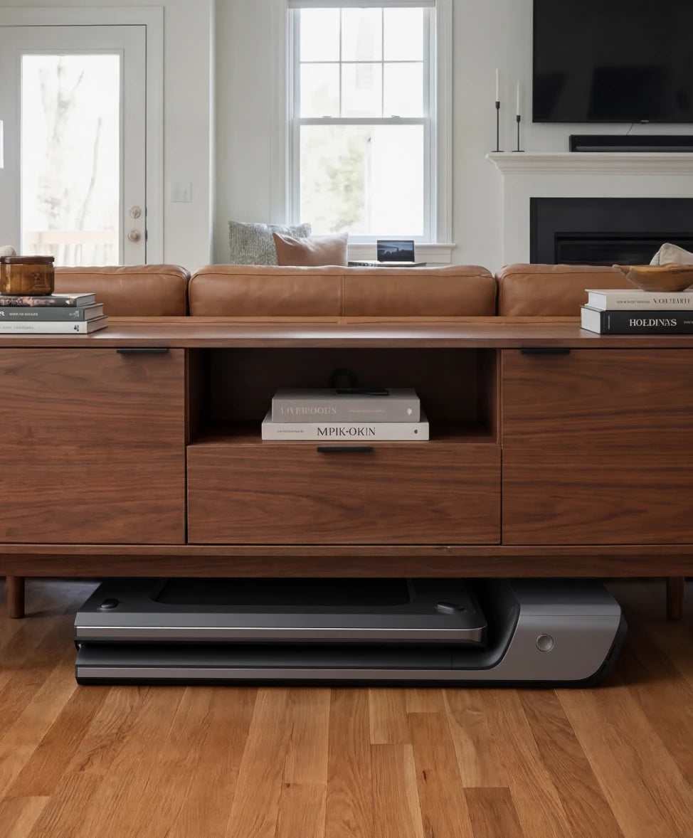WalkingPad P1 treadmill stored under TV cabinet for compact home storage
